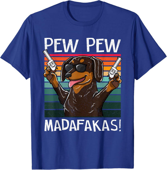Dachshund Pew Pew Dog Vintage Retro Sunset Dogs Guns Nerd Men Women T-Shirt - T-Shirt | Royal