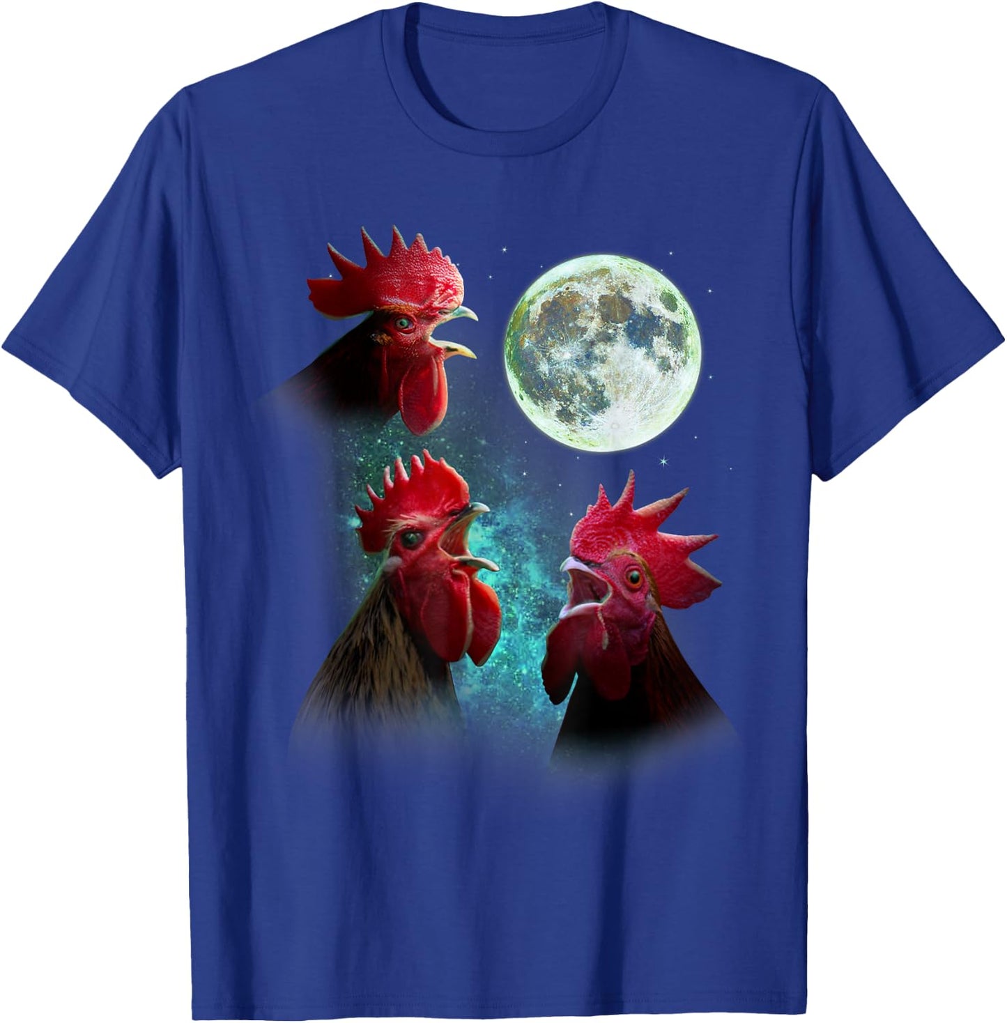 Three Rooster Chickens Howl At Moon 3 Wolfs Wolves Parody T-Shirt - T-Shirt | Royal