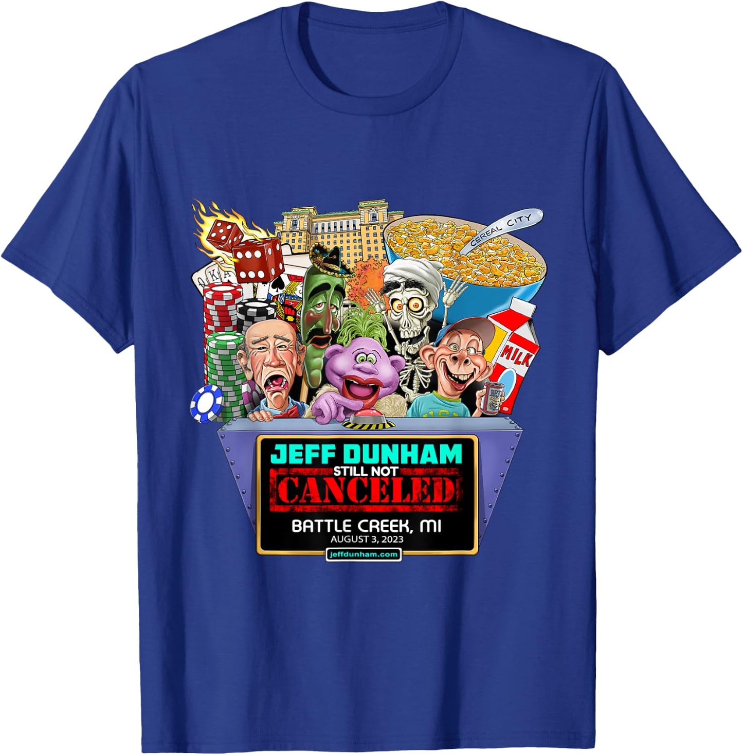 Jeff Dunham Battle Creek, MI (2023) T-Shirt - T-Shirt | Royal