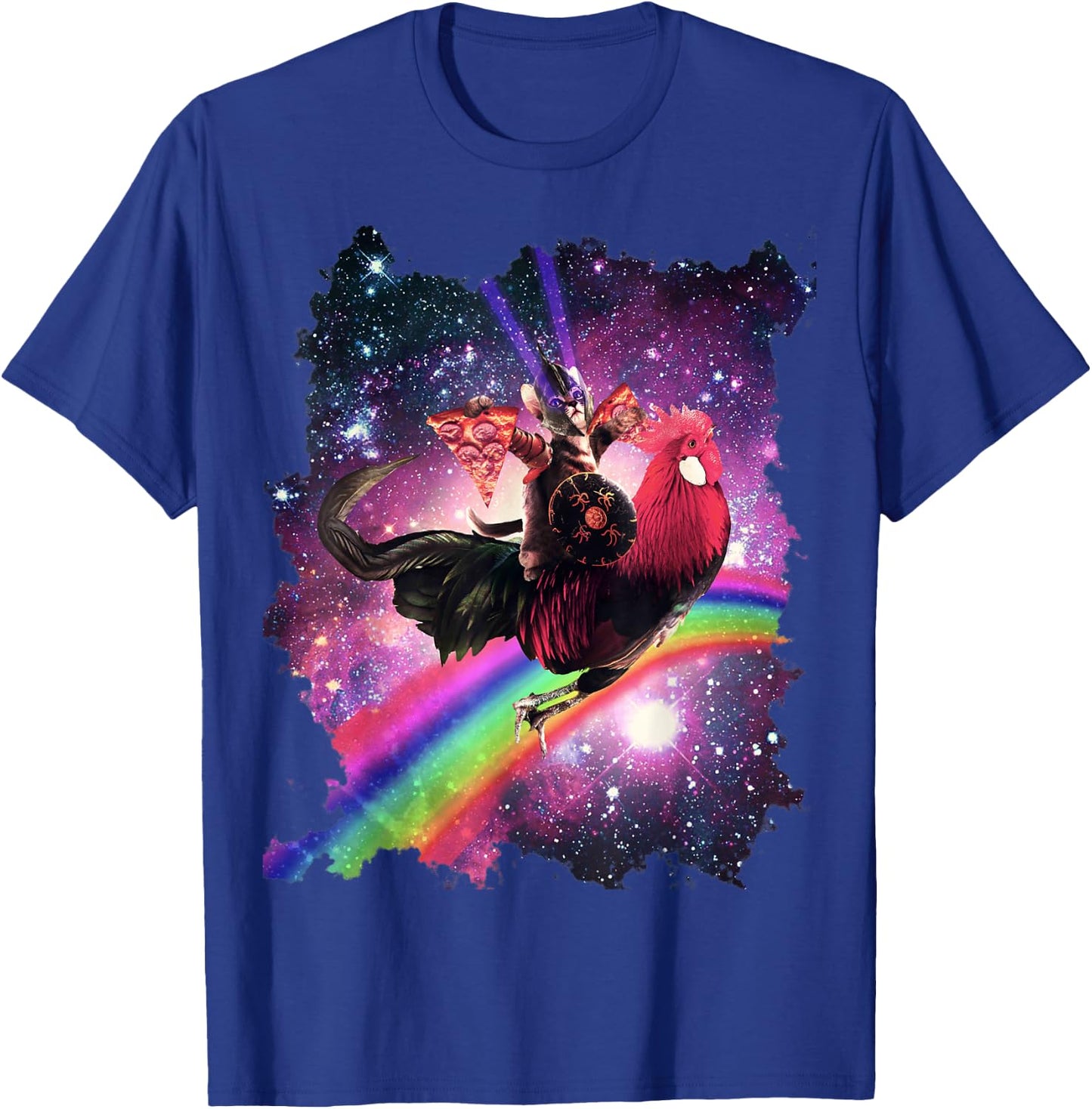 Lazer Warrior Space Cat Riding Chicken with Pizza T-Shirt - T-Shirt | Royal