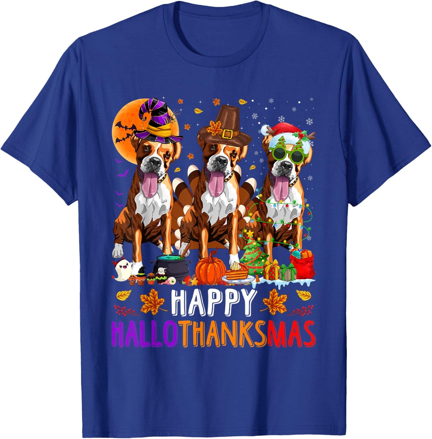 Happy Hallothanksmas Boxer Dog Halloween Christmas T-Shirt - T-Shirt | Royal