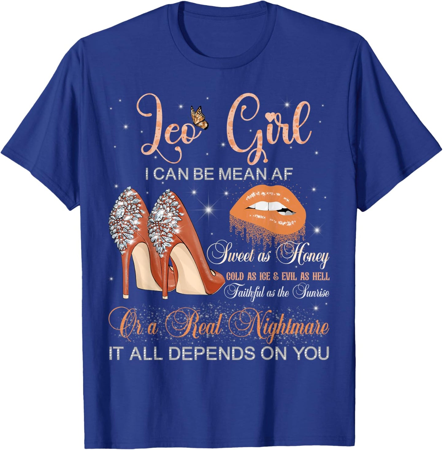 Leo Girl Zodiac Birthday High Heels Dripping Lips Butterfly T-Shirt - T-Shirt | Royal