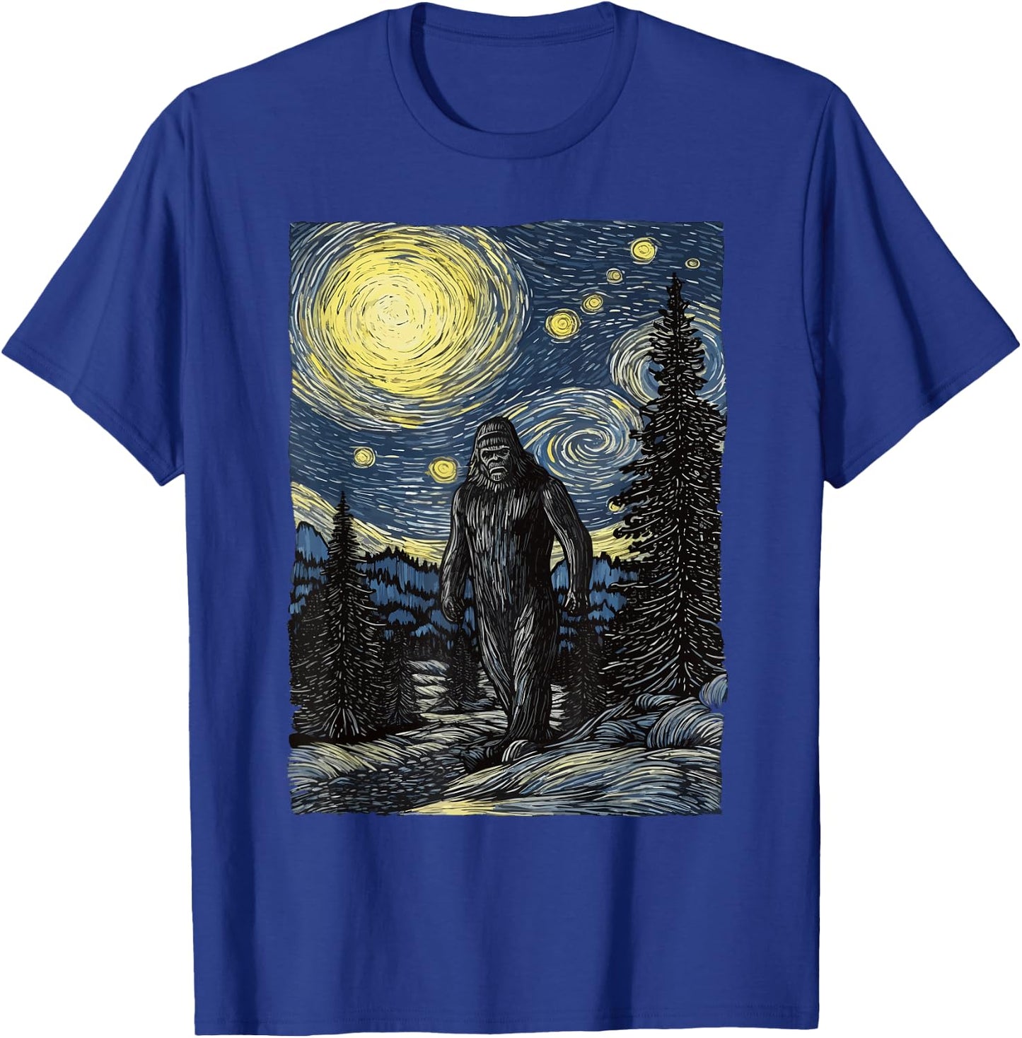Bigfoot Starry Night Sasquatch Van Gogh Painting Art T-Shirt - T-Shirt | Royal