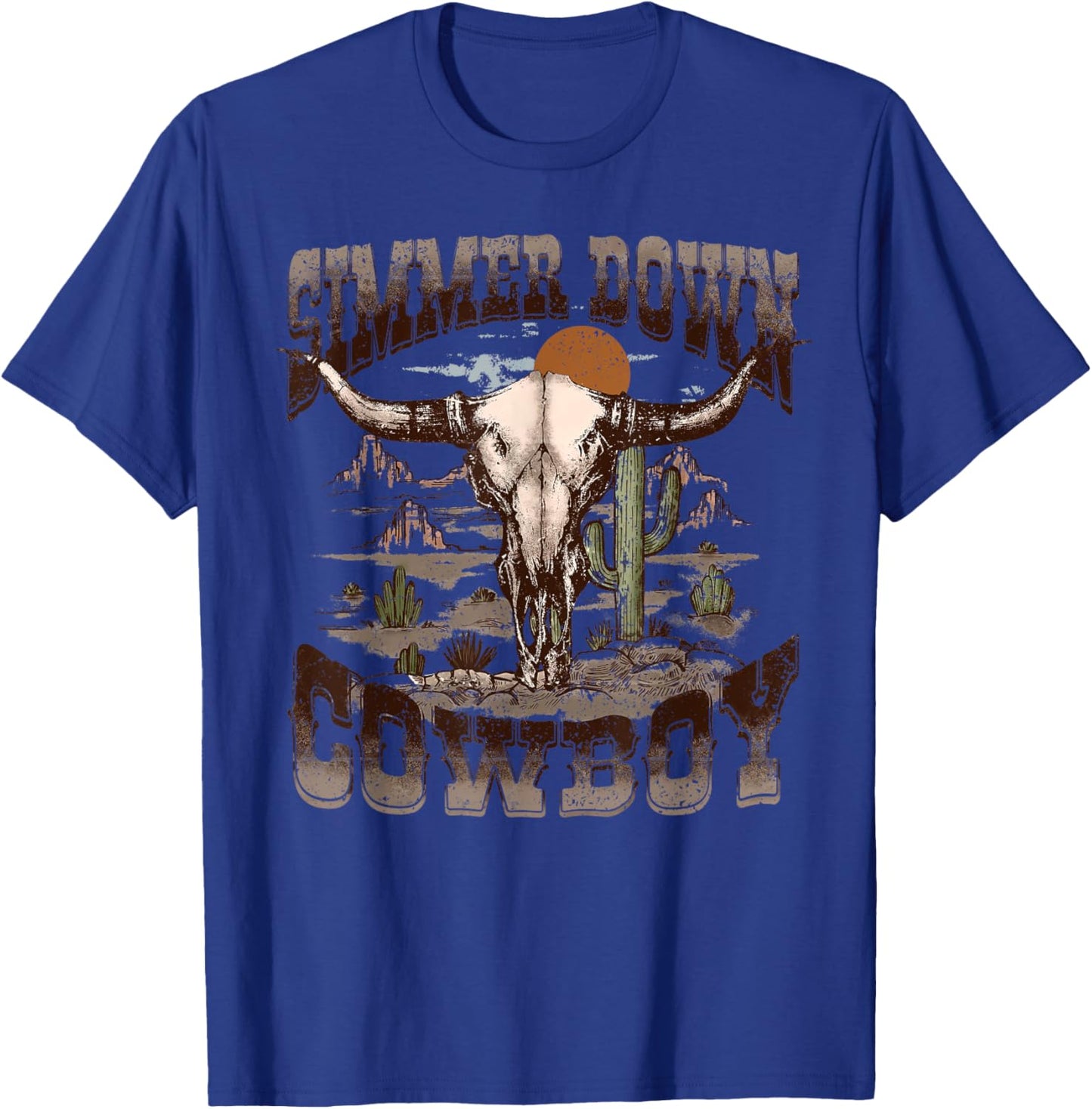 Vintage Simmer Down Cowboy Bull Skull Western Graphic T-Shirt - T-Shirt | Royal