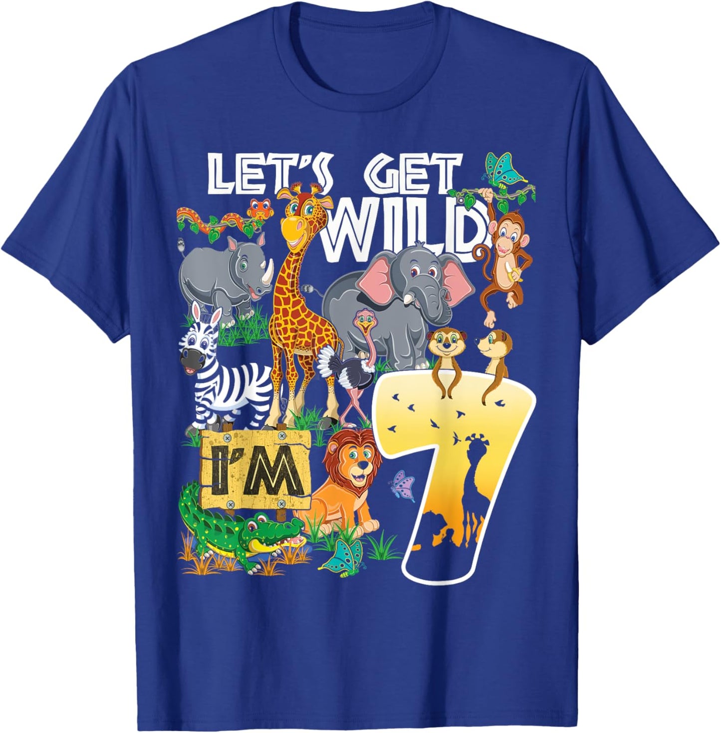 Kids Safari Zoo 7th Birthday Party Let's Get Wild I'm 7 T-Shirt - T-Shirt | Royal