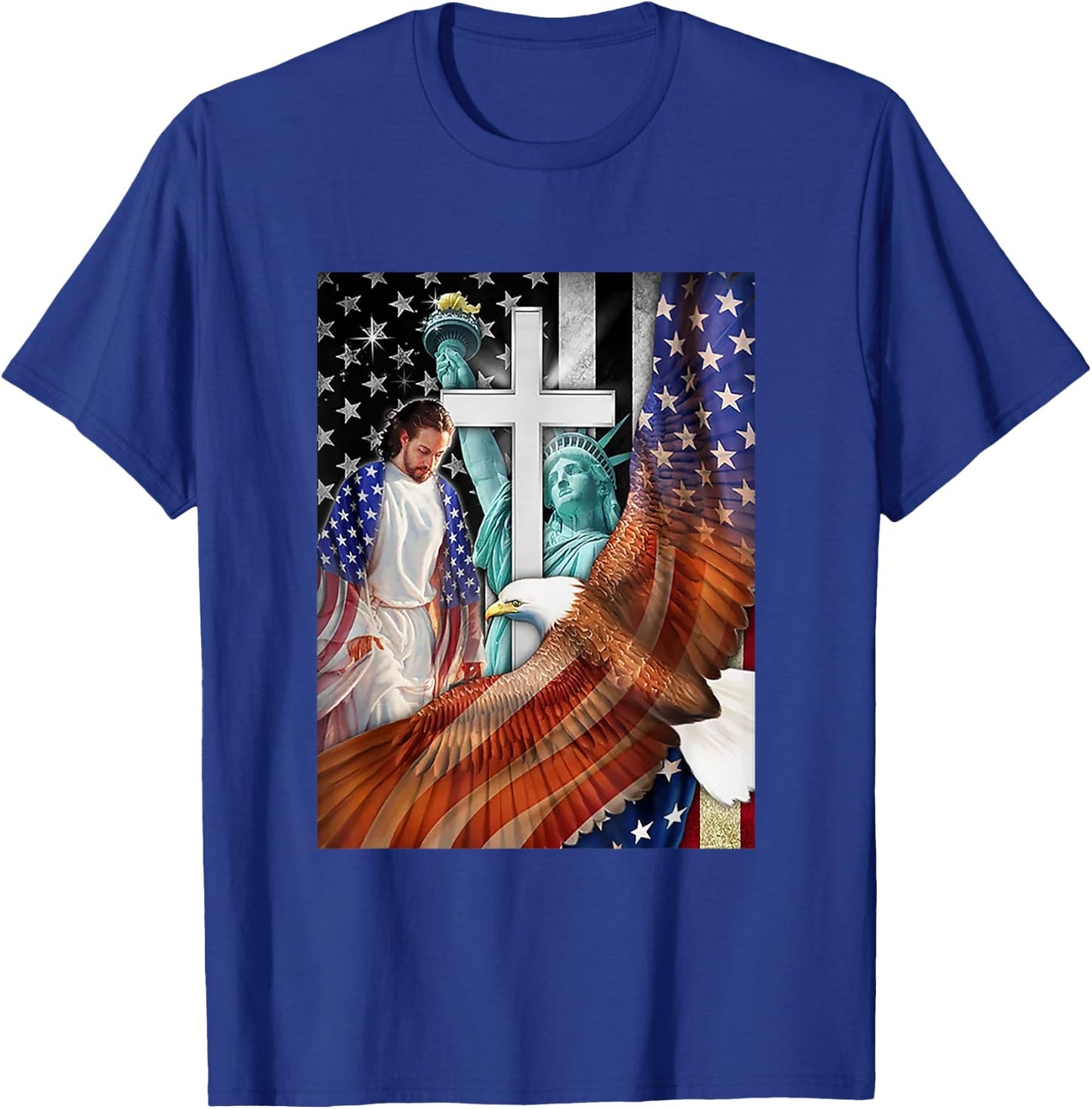 Bald Eagle with Jesus Christ and American Flag Women Kids Men T-Shirt - T-Shirt | Royal
