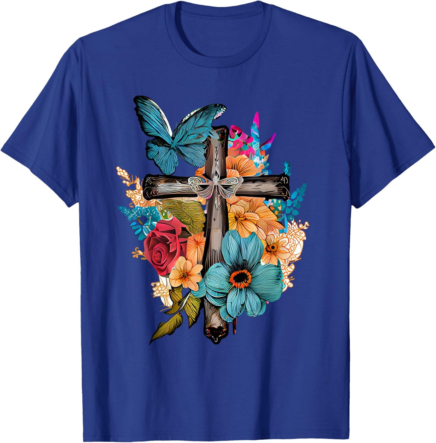 Jesus Cross Butterfly Flower Christian Faith Motivation T-Shirt - T-Shirt | Royal