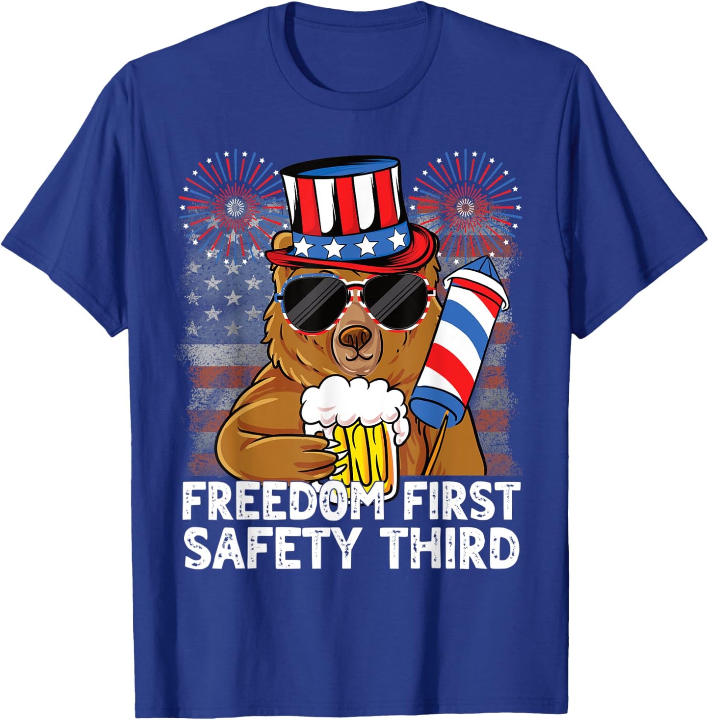USA 4th of July Bear Beer Freedom First Safety Third T-Shirt - T-Shirt | Royal