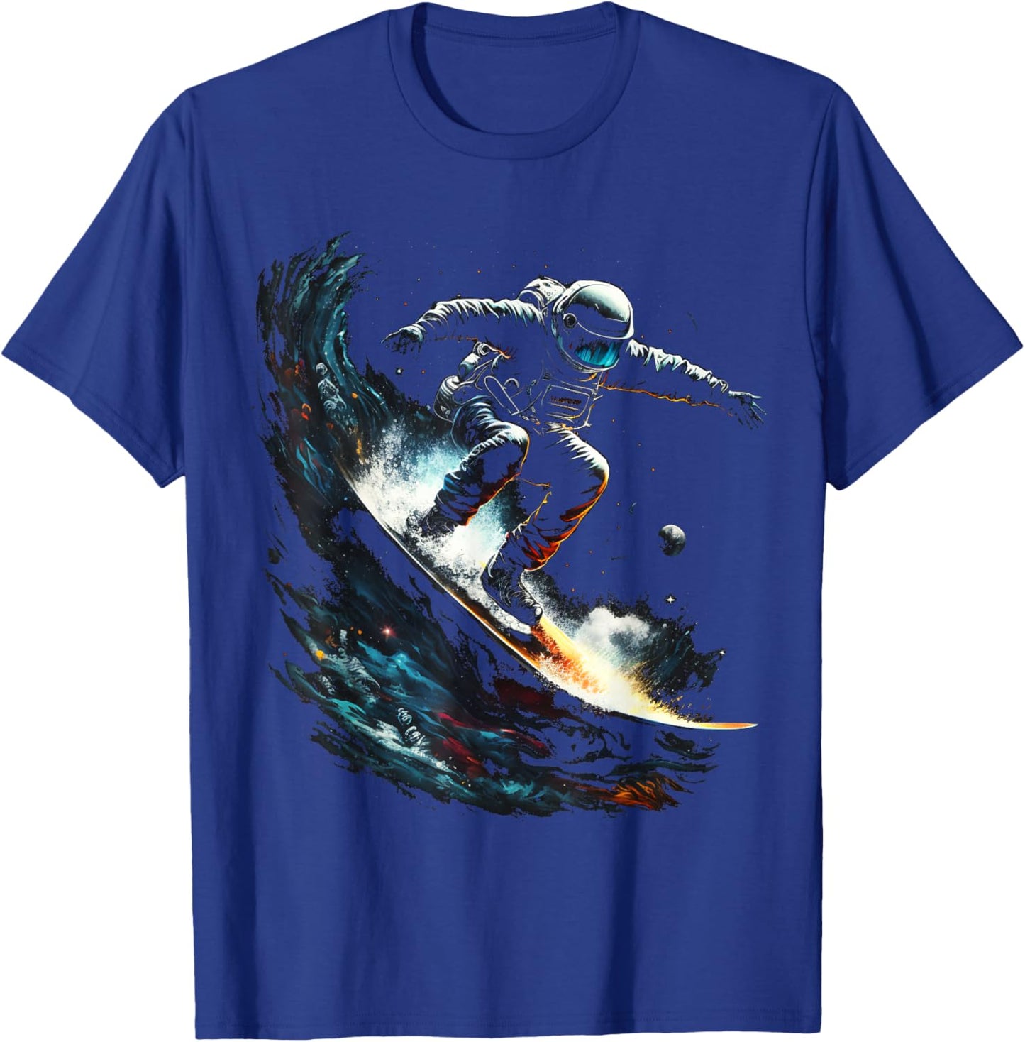 Astronaut surfs space waves, universe galaxy planets sci-fi T-Shirt - T-Shirt | Royal