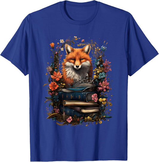 Cottagecore Fox With Books And Flowers For Book Lovers T-Shirt - T-Shirt | Royal