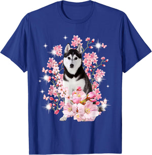 Husky Dog Japanese Cherry Blossom Sakura Flower T-Shirt - T-Shirt | Royal