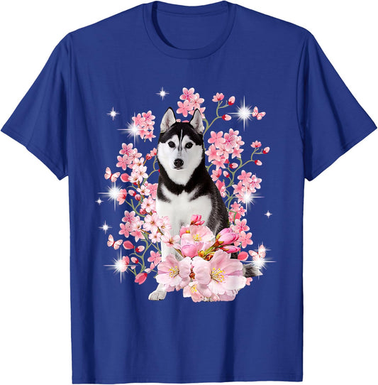 Husky Dog Japanese Cherry Blossom Sakura Flower T-Shirt - T-Shirt | Royal