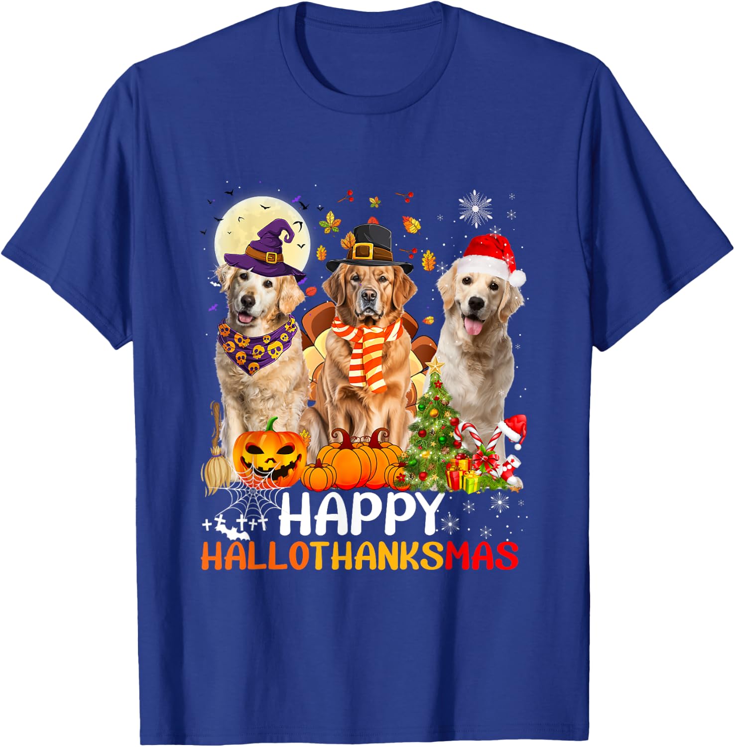 Cute Golden Retriever Happy Hallothanksmas Halloween Xmas T-Shirt - T-Shirt | Royal