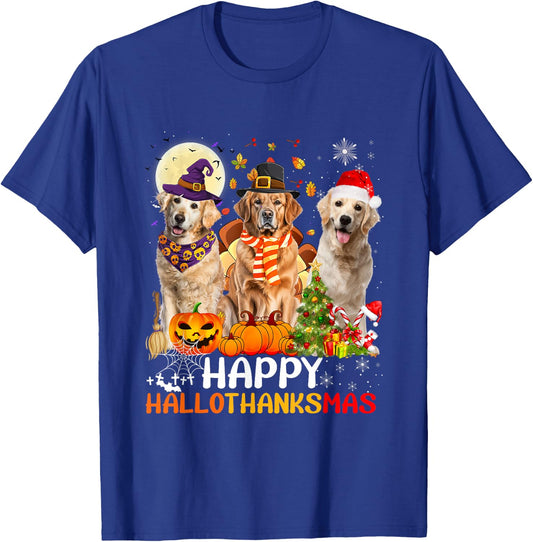 Cute Golden Retriever Happy Hallothanksmas Halloween Xmas T-Shirt - T-Shirt | Royal