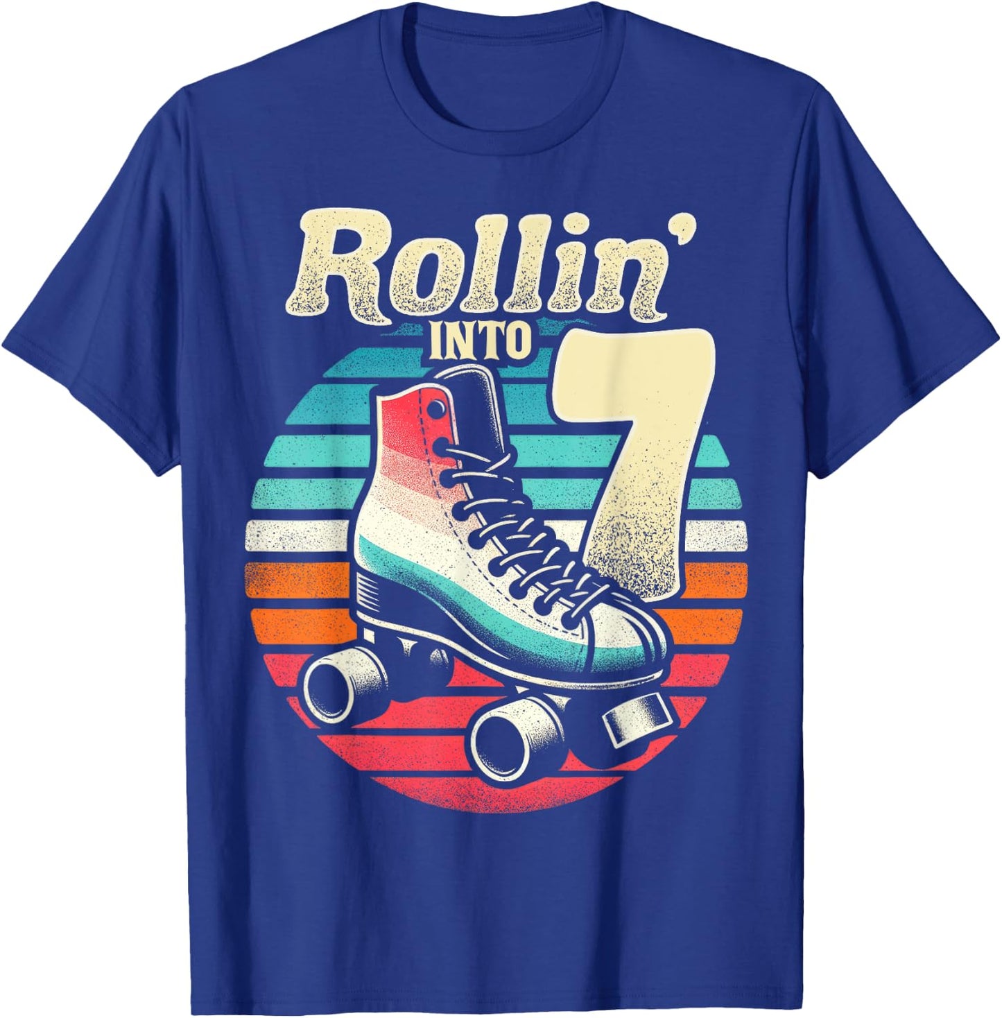Roller Skating 7th Birthday Party Girls Boys Rollin into 7 T-Shirt - T-Shirt | Royal