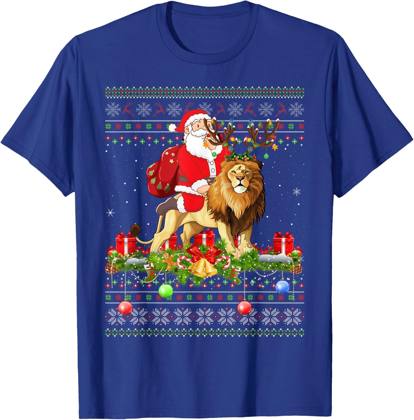 Lion Lover Ugly Santa Riding Lion Christmas T-Shirt - T-Shirt | Royal