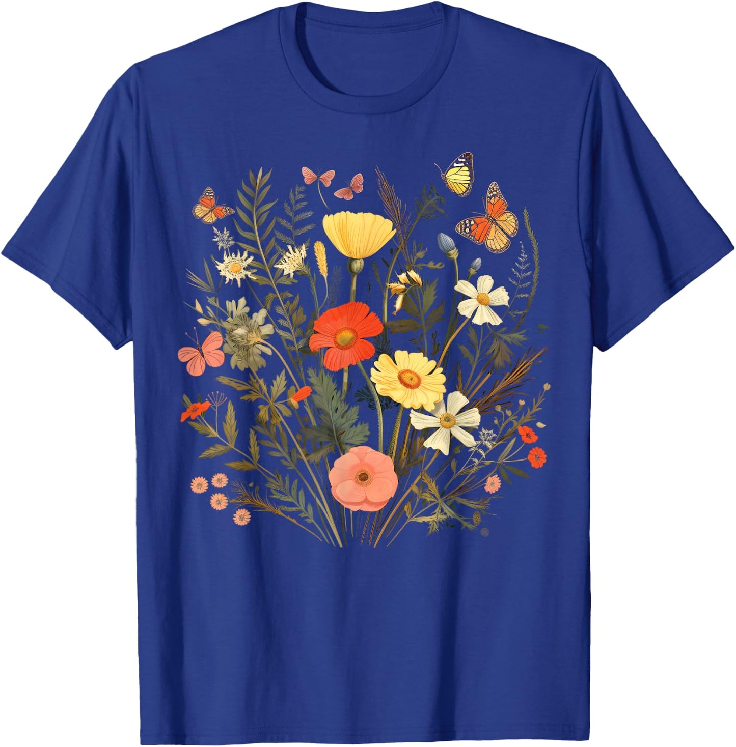 Vintage Pressed Flowers Butterflies Floral Boho Wildflowers T-Shirt - T-Shirt | Royal