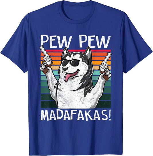 Husky Pew Pew Dog Vintage Retro Sunset Dogs Guns Nerd Gamer Men Women T-Shirt - T-Shirt | Royal