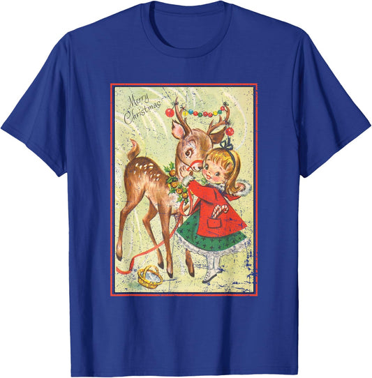 Vintage Pin Up Little Girl Reindeer Retro 1950s Christmas T-Shirt - T-Shirt | Royal