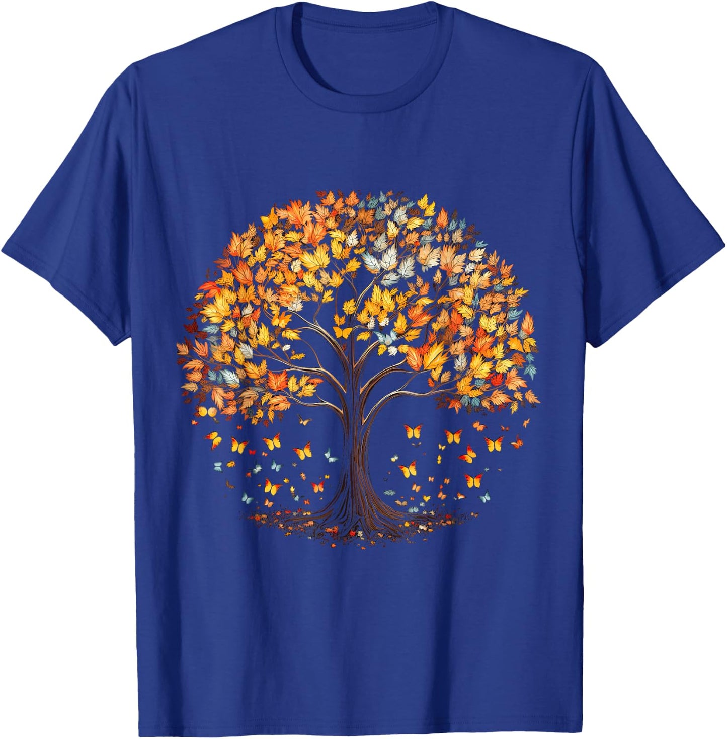 Fall Autumn falling leaves with Tree and Butterfly T-Shirt - T-Shirt | Royal