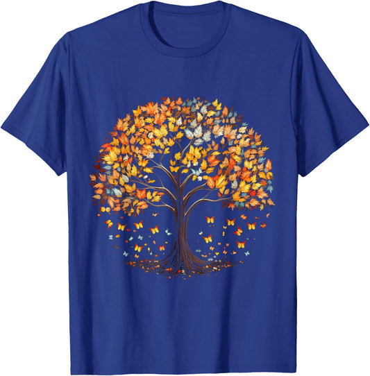 Fall Autumn falling leaves with Tree and Butterfly T-Shirt - T-Shirt | Royal