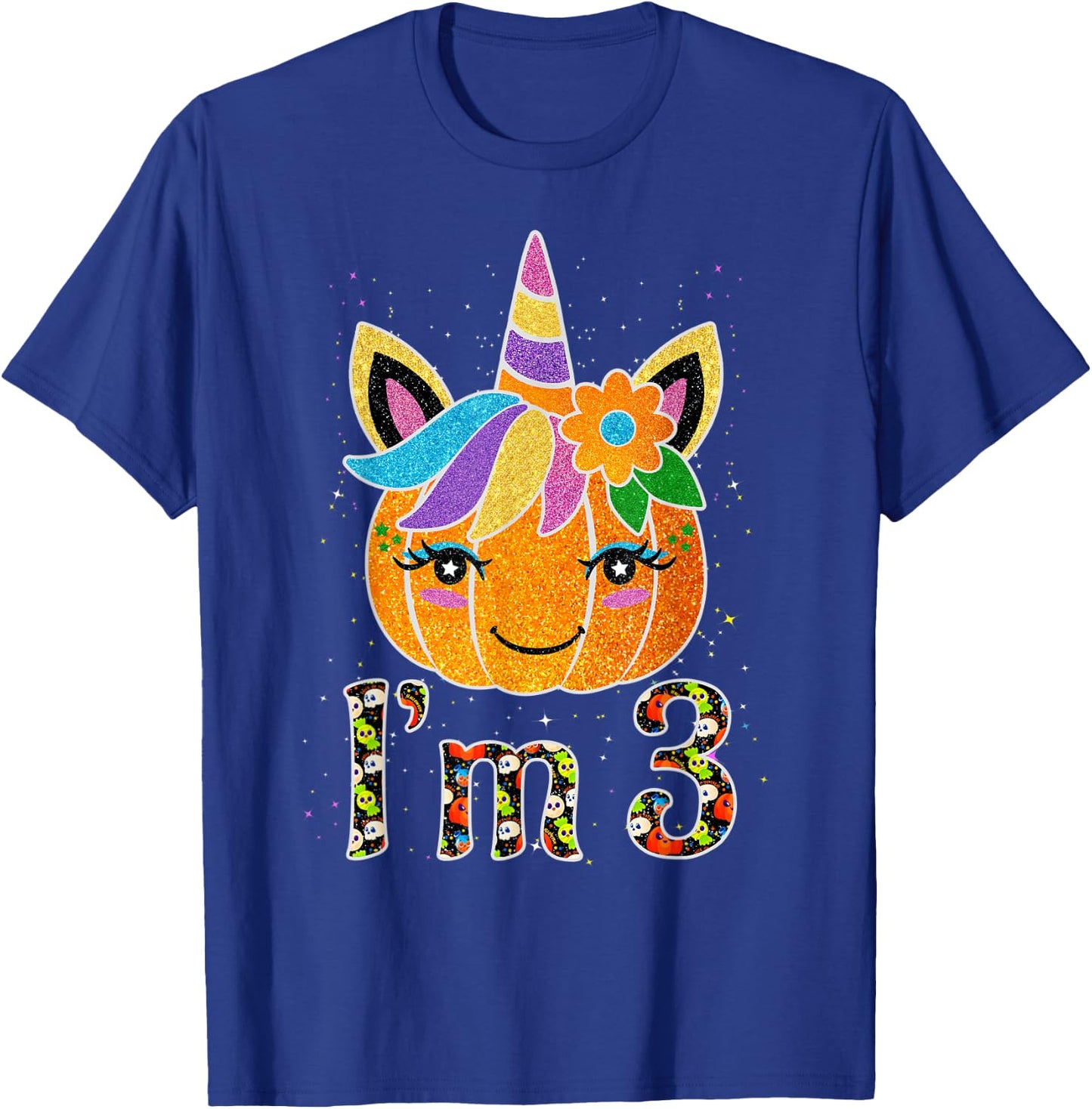 3 Years Old Unicorn Pumpkin Cute Design Birthday Halloween T-Shirt - T-Shirt | Royal