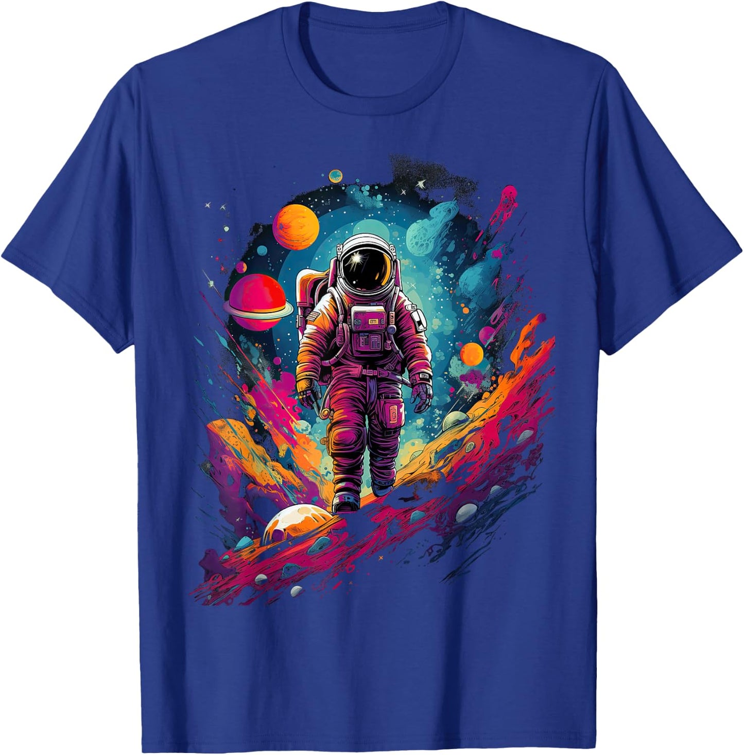 Astronaut in Space with Planets in Galaxies T-Shirt - T-Shirt | Royal