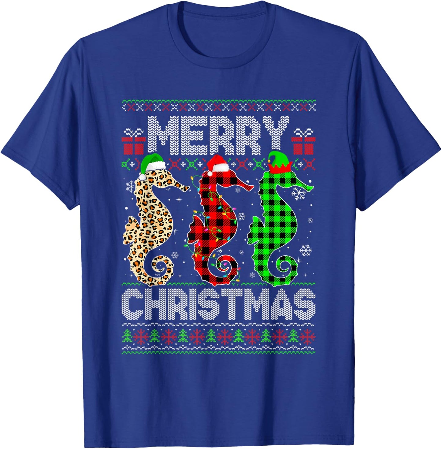Merry Christmas Seahorse Xmas Leopard Plaid Santa Elf T-Shirt - T-Shirt | Royal