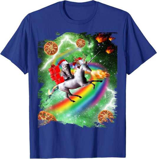 Christmas Cat Santa Riding Unicorn, Space Pizza Funny Women Kids T-Shirt - T-Shirt | Royal