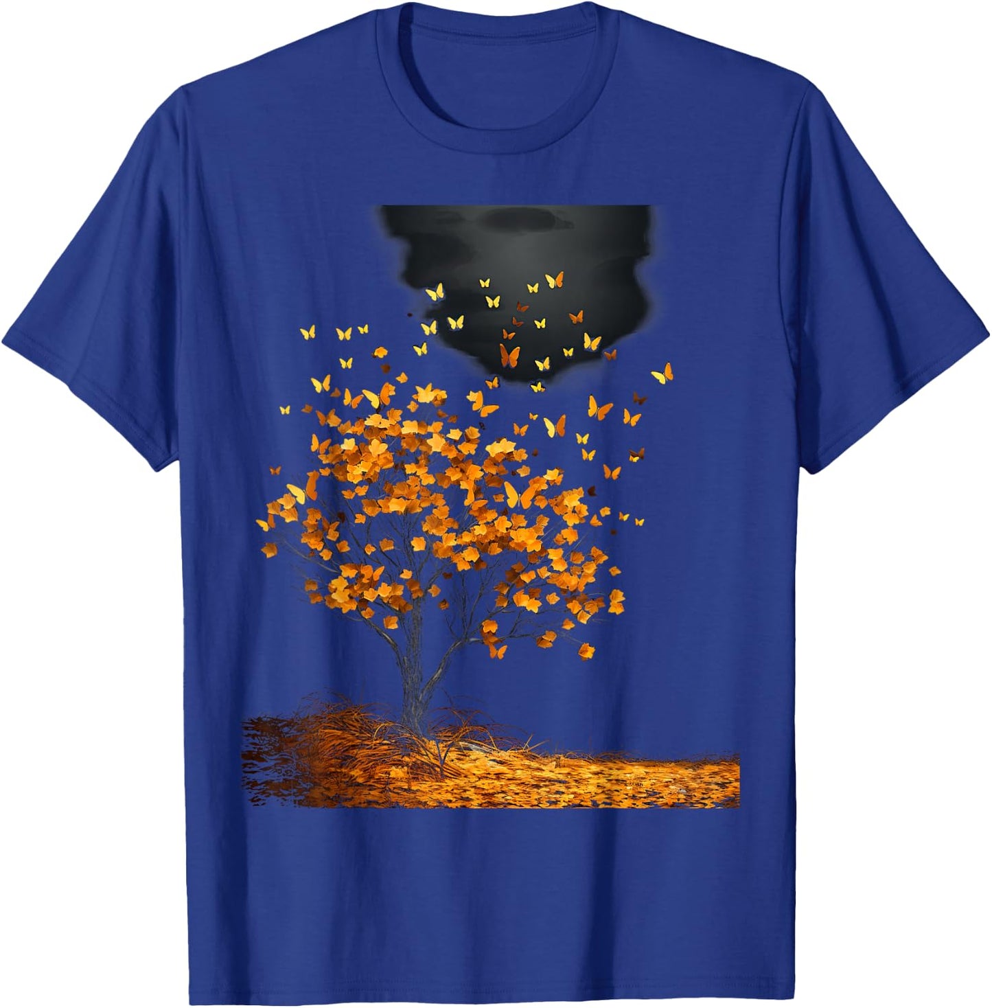 Fall Autumn falling leaves with Tree and Butterfly T-Shirt - T-Shirt | Royal