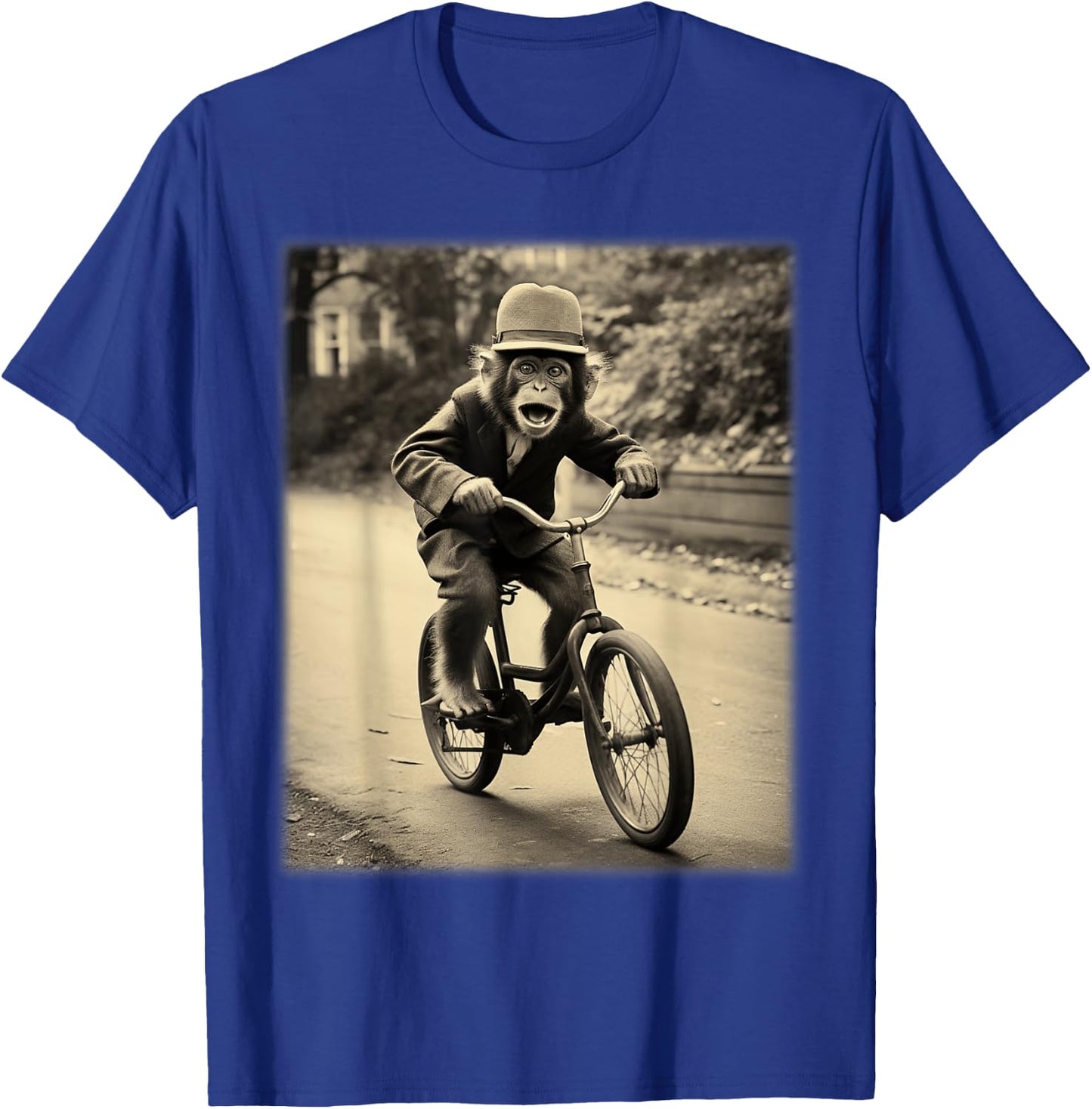 Funny Cute Monkey Chimp Riding Vintage Bicycle Men Woman T-Shirt - T-Shirt | Royal