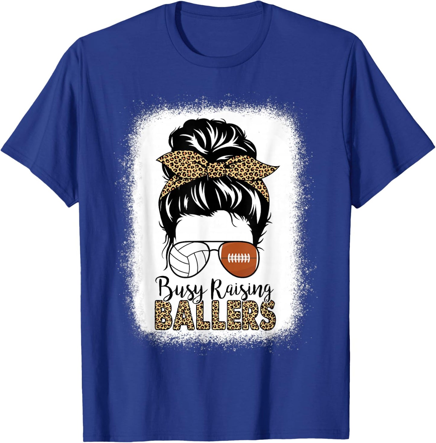 Volleyball And Football Mom Messy Bun Busy Raising Ballers T-Shirt - T-Shirt | Royal