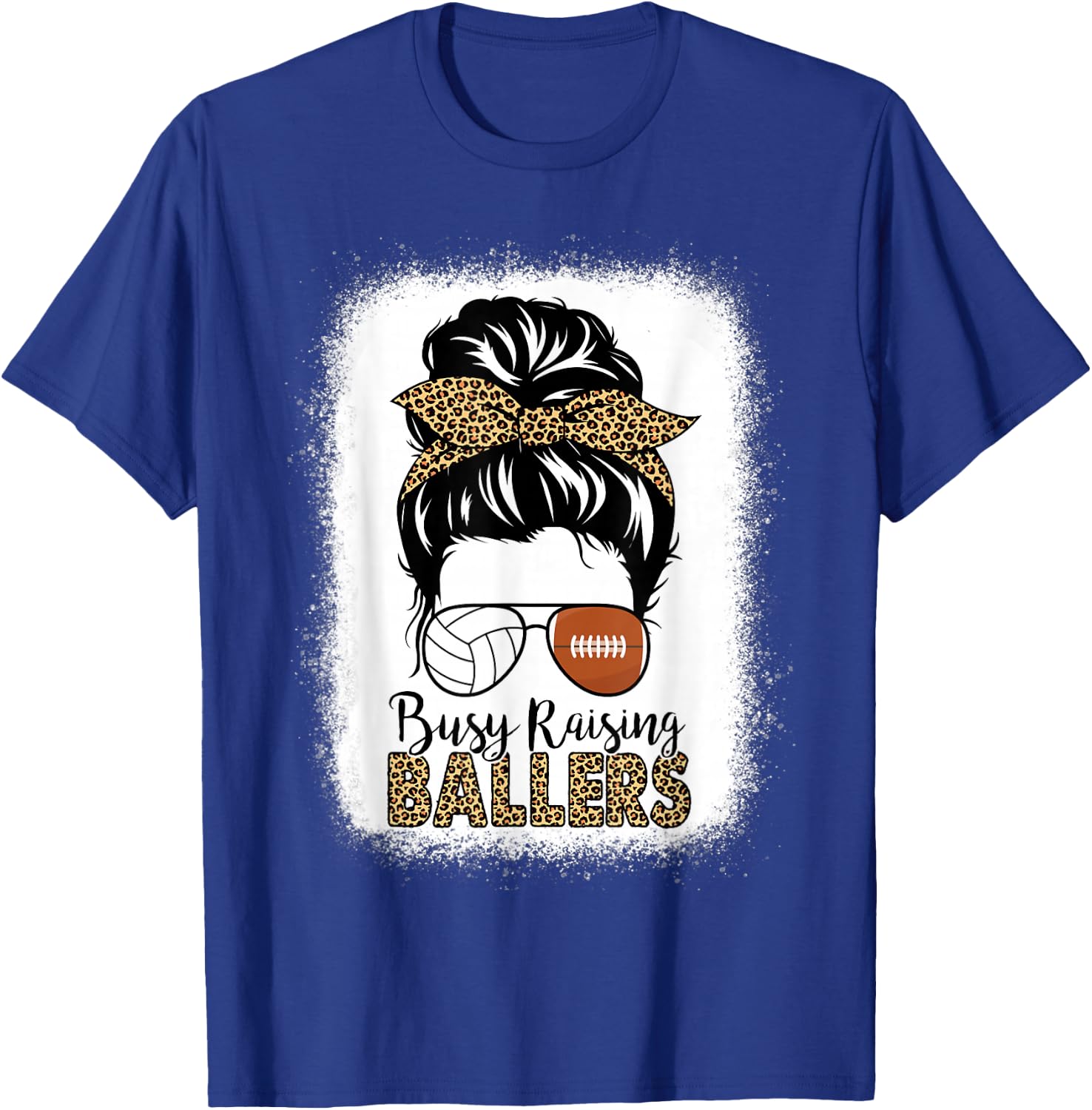 Volleyball And Football Mom Messy Bun Busy Raising Ballers T-Shirt - T-Shirt | Royal