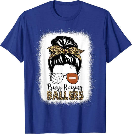 Volleyball And Football Mom Messy Bun Busy Raising Ballers T-Shirt - T-Shirt | Royal