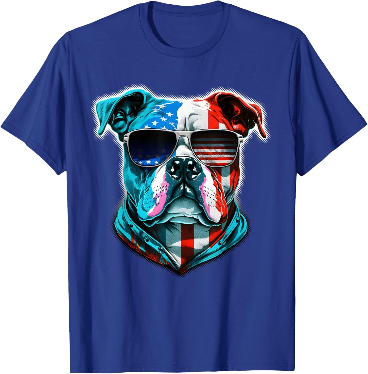 Bulldog Dog Red White Blue American Flag Sunglasses Kids Men T-Shirt - T-Shirt | Royal