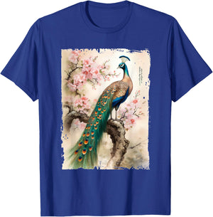 Beautiful Peacock Japanese Cherry Blossom Art T-Shirt - T-Shirt | Royal