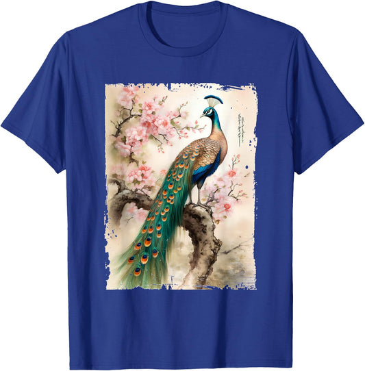 Beautiful Peacock Japanese Cherry Blossom Art T-Shirt - T-Shirt | Royal