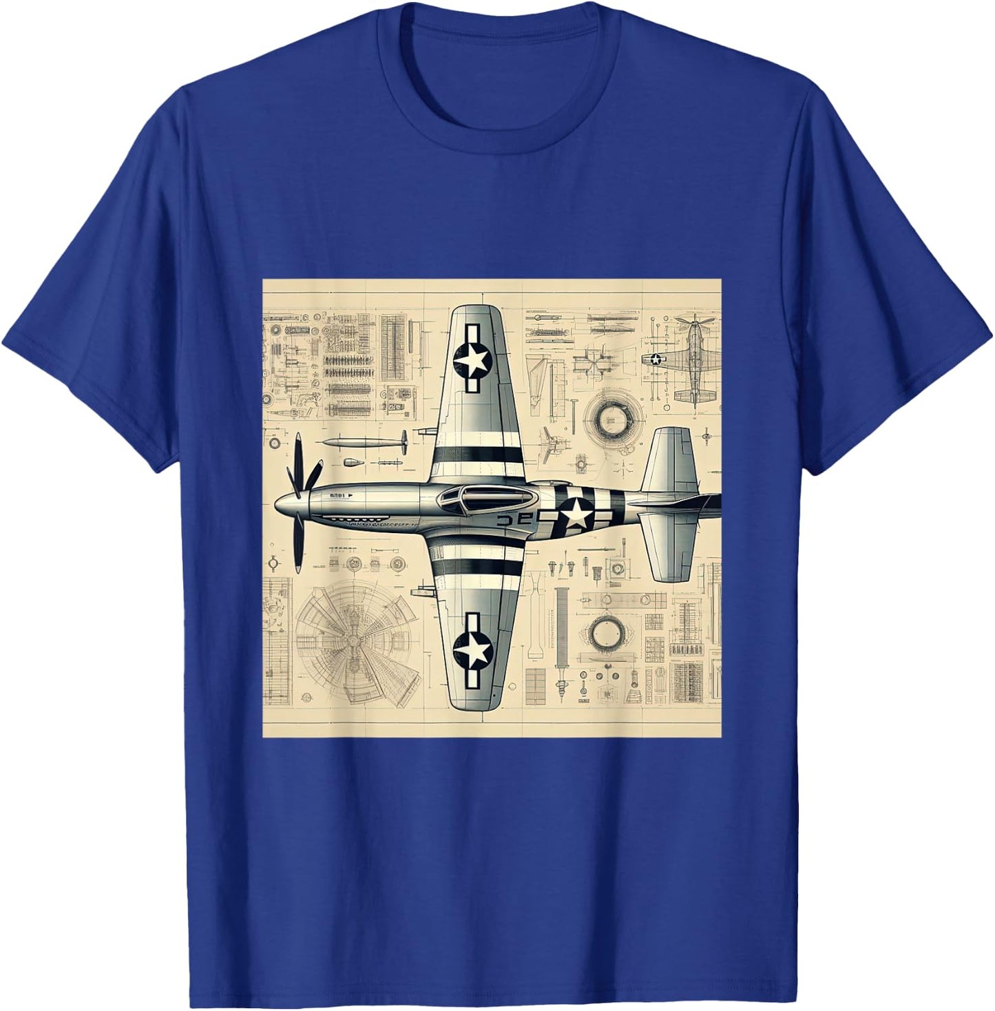 WW2 Warplane P51 Mustang Assembly Parts Blueprint T-Shirt - T-Shirt | Royal