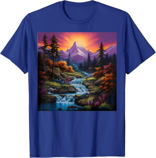 Fall Landscape Art Mountain River and Waterfalls for Hiking T-Shirt - T-Shirt | Royal