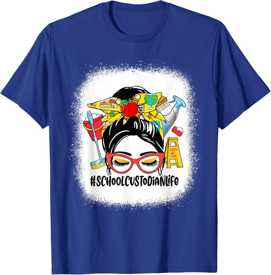 School Custodian Life Messy Bun Women School Custodian Gifts T-Shirt - T-Shirt | Royal
