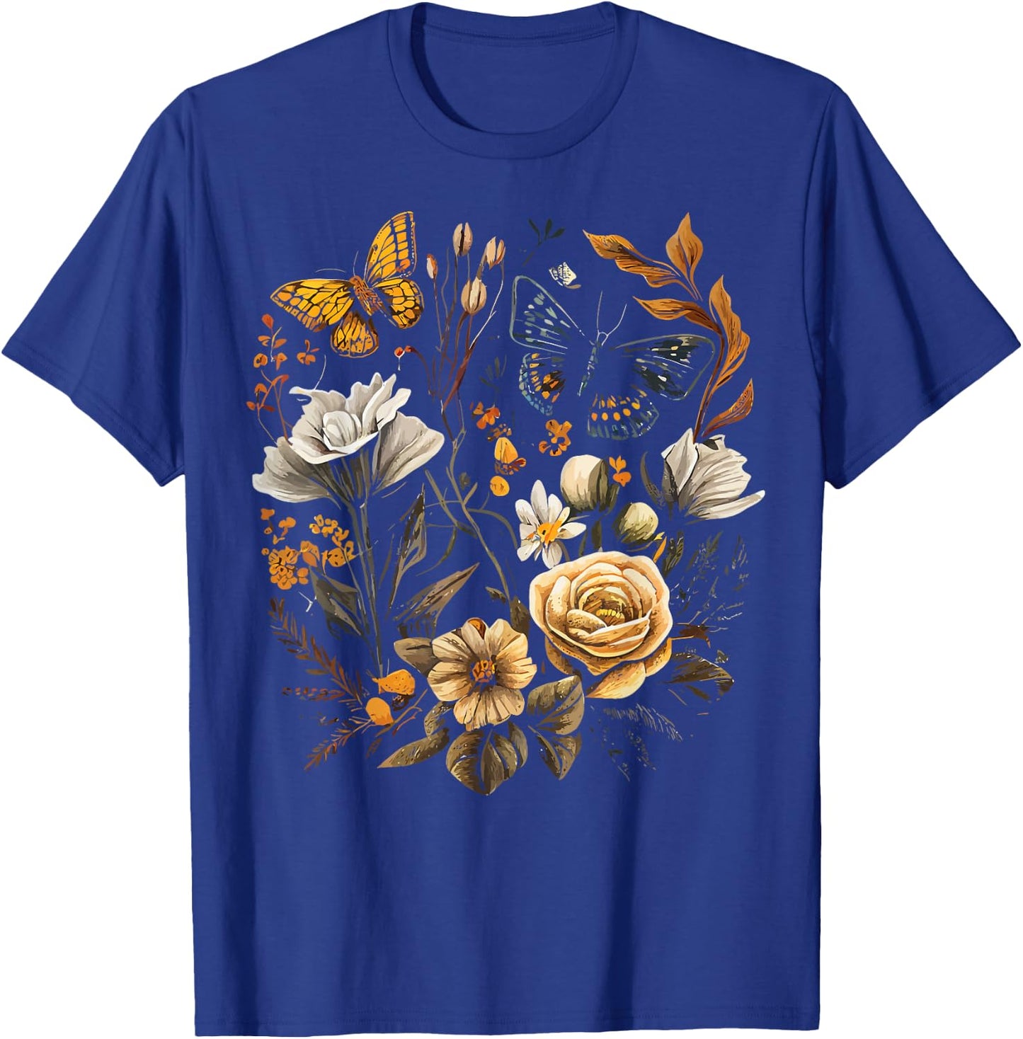 Vintage Pressed Flowers Butterflies Floral Boho Wildflowers T-Shirt - T-Shirt | Royal