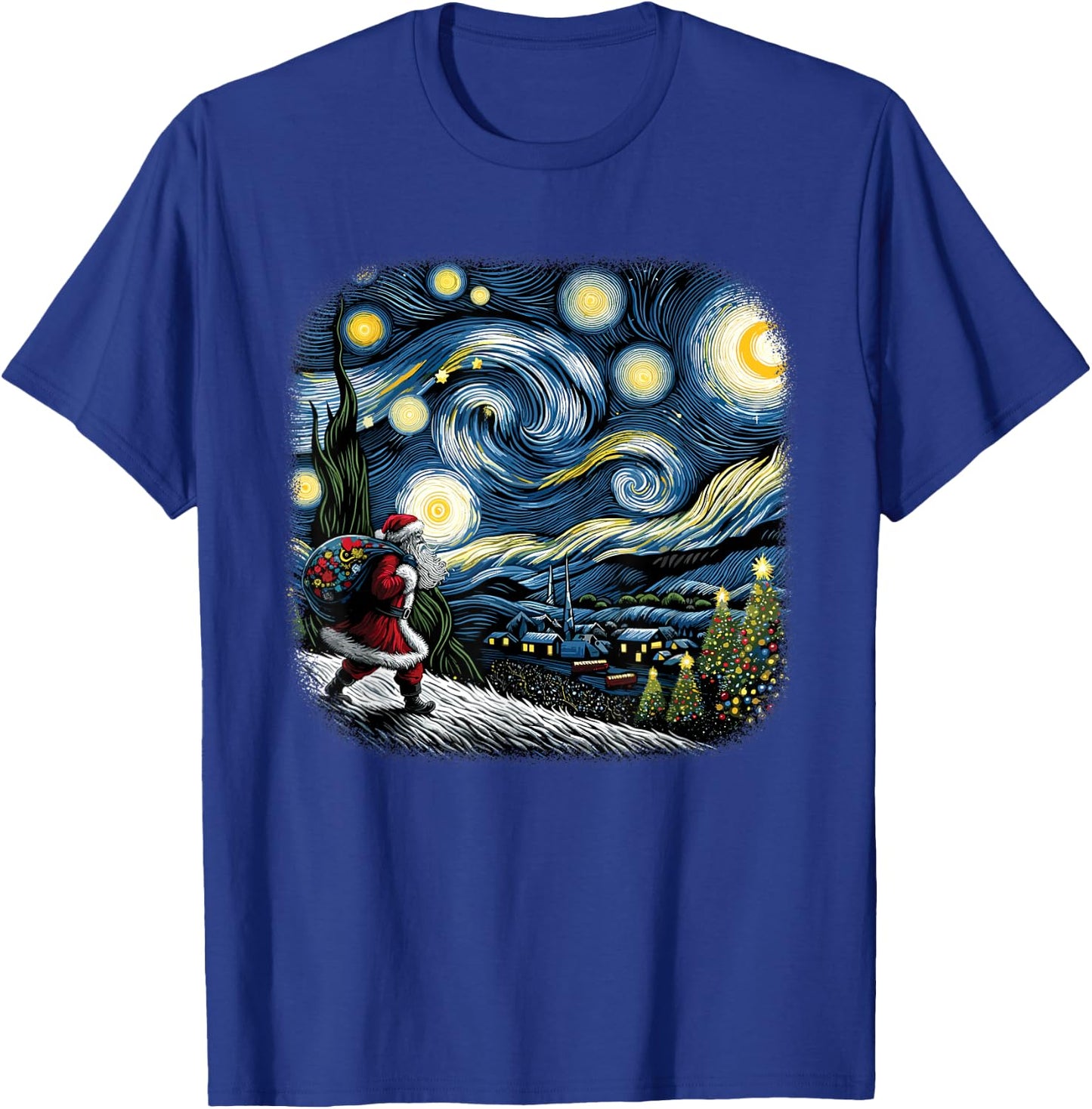 Van Gogh Starry Night Santa Christmas Winter Snowy Night T-Shirt - T-Shirt | Royal