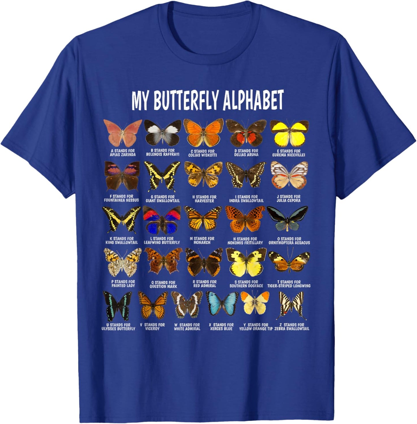 Types of Butterflies Alphabet ABC Butterfly Identification T-Shirt - T-Shirt | Royal