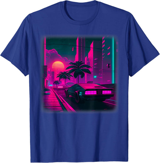 Synthwave Vaporwave Sunset Palm Trees 80s 90s Illustration T-Shirt - T-Shirt | Royal