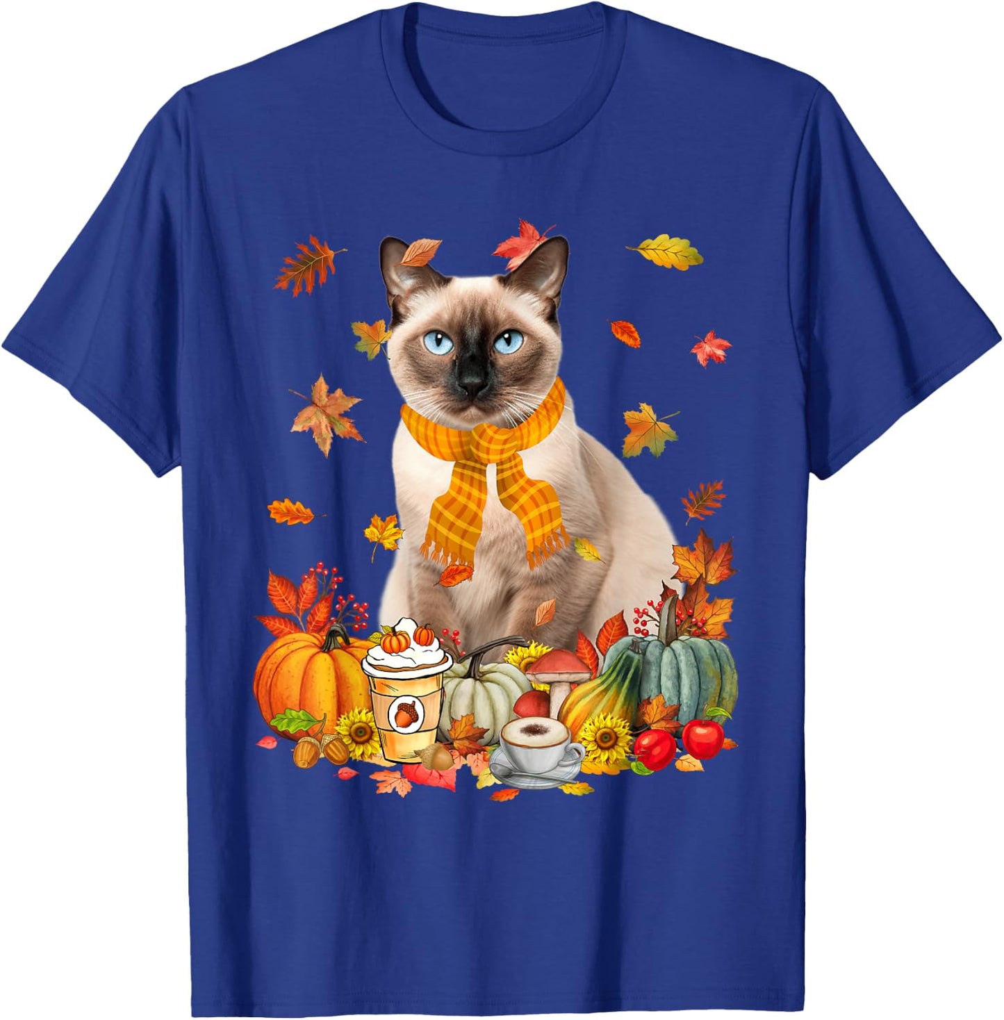 Cup Of Coffe & Siamese Cat Pumpkins Fall Vibes Thanksgiving T-Shirt - T-Shirt | Royal