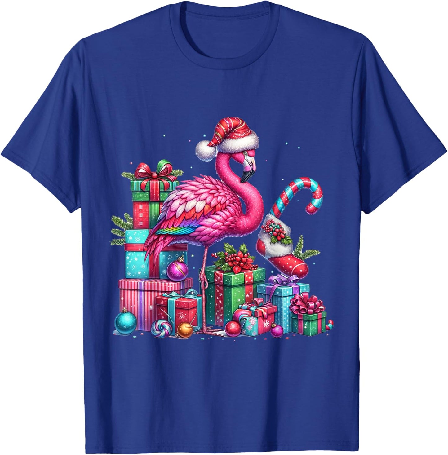 Funny Festive Flamingo Holiday Pink Christmas Xmas Santa Hat T-Shirt - T-Shirt | Royal