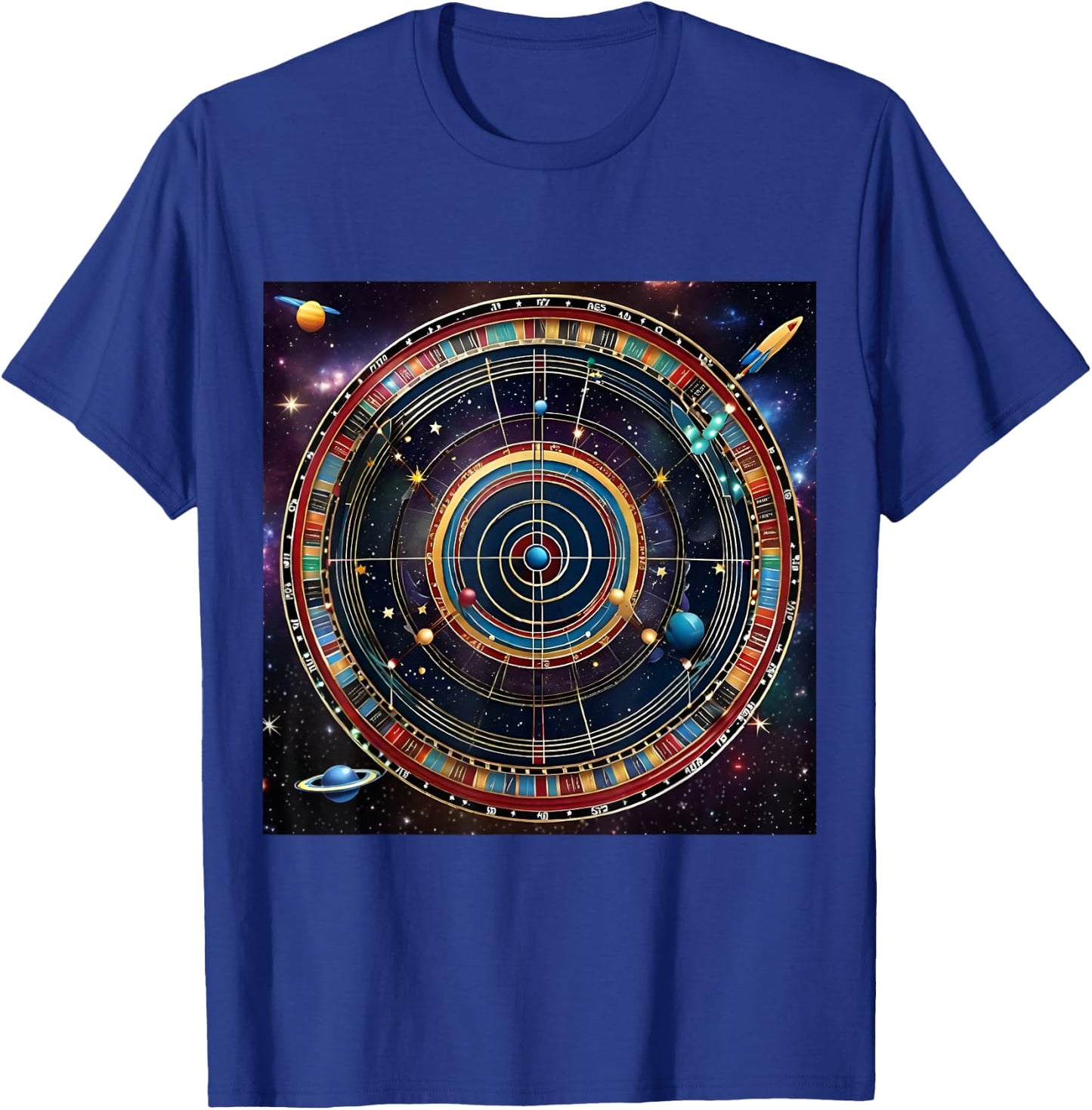 Bullseye Beyond -Adults Kids , Black, Small, Short Sleeve, Modern, Astrological, Sports, Professional, Themed- , Interstellar Challenge: Cosmic Dartboard T-Shirt - T-Shirt | Royal