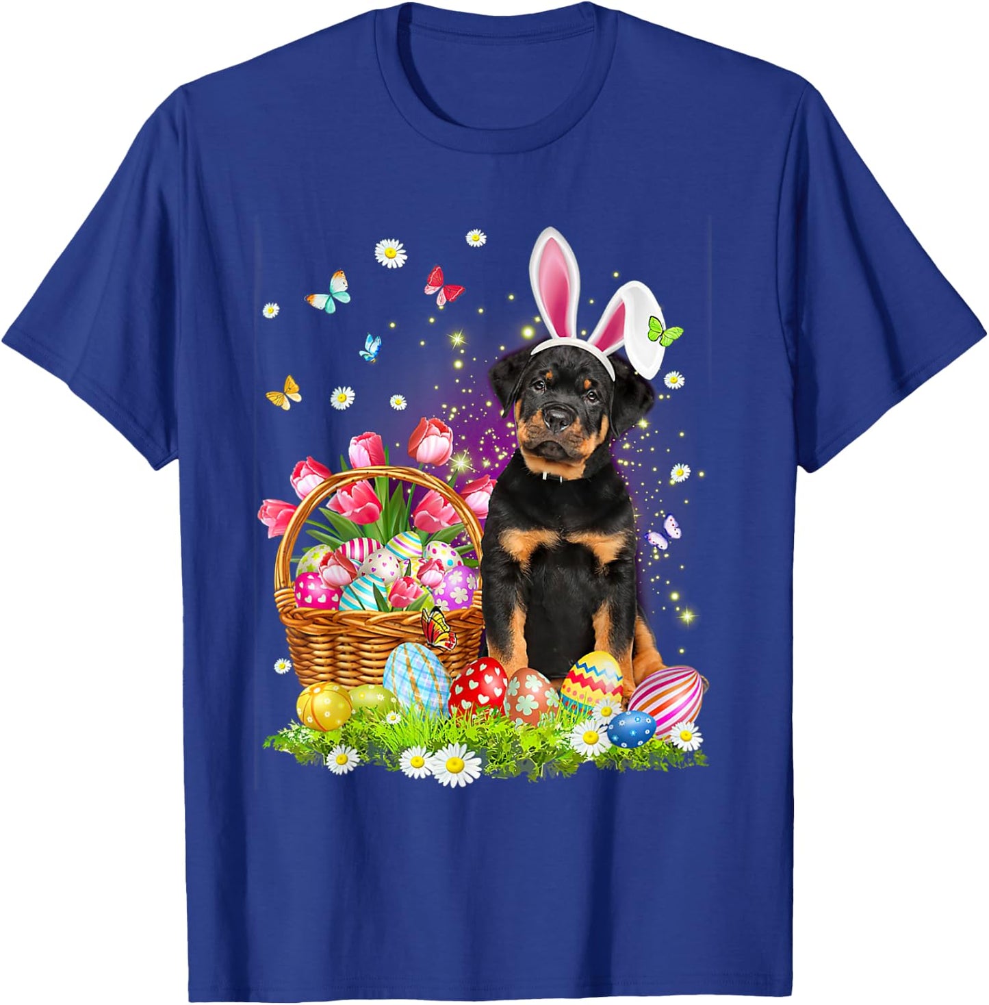 Funny Easter Bunny Rottweiler Dog Bunny Ear Egg Basket Women Kids T-Shirt - T-Shirt | Royal
