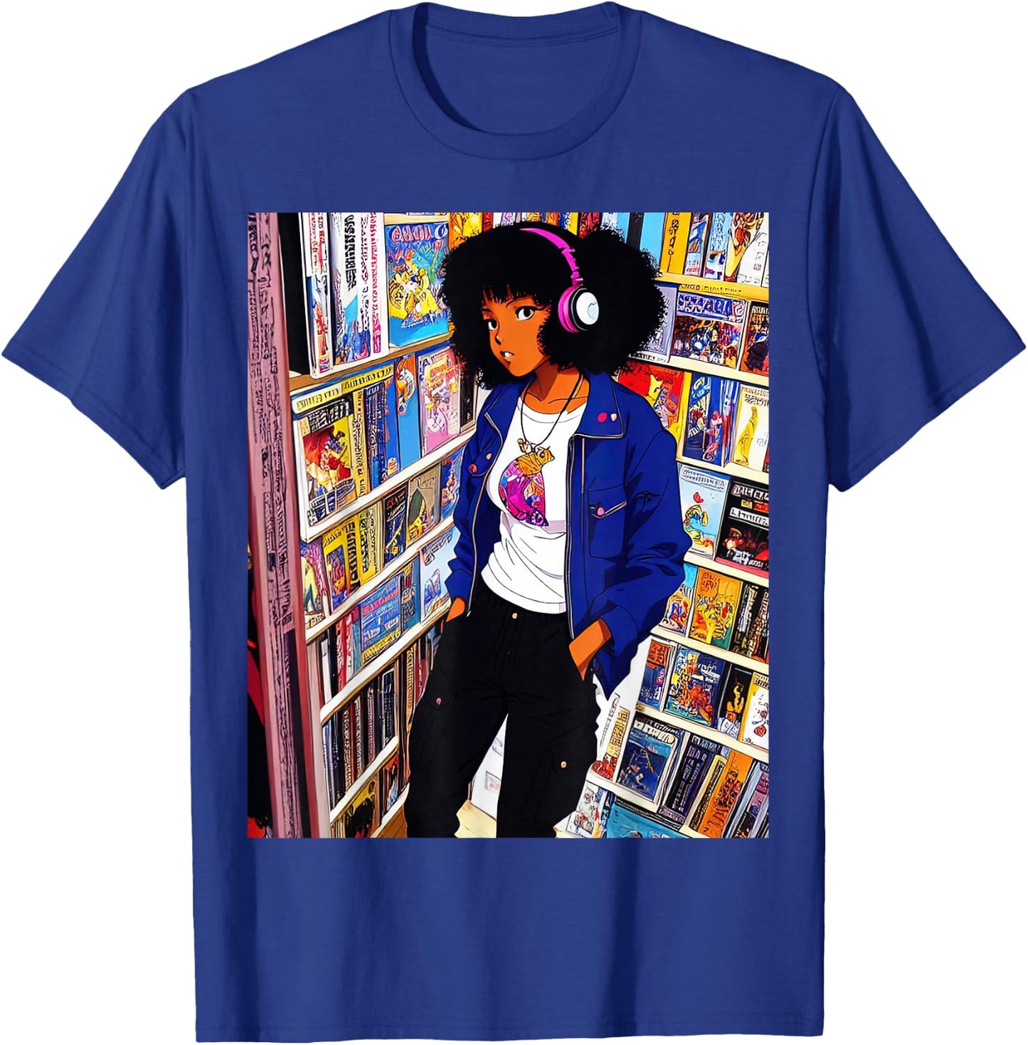 Black girl Lofi Music 90s Afro Retro Anime Cartoon Style T-Shirt - T-Shirt | Royal