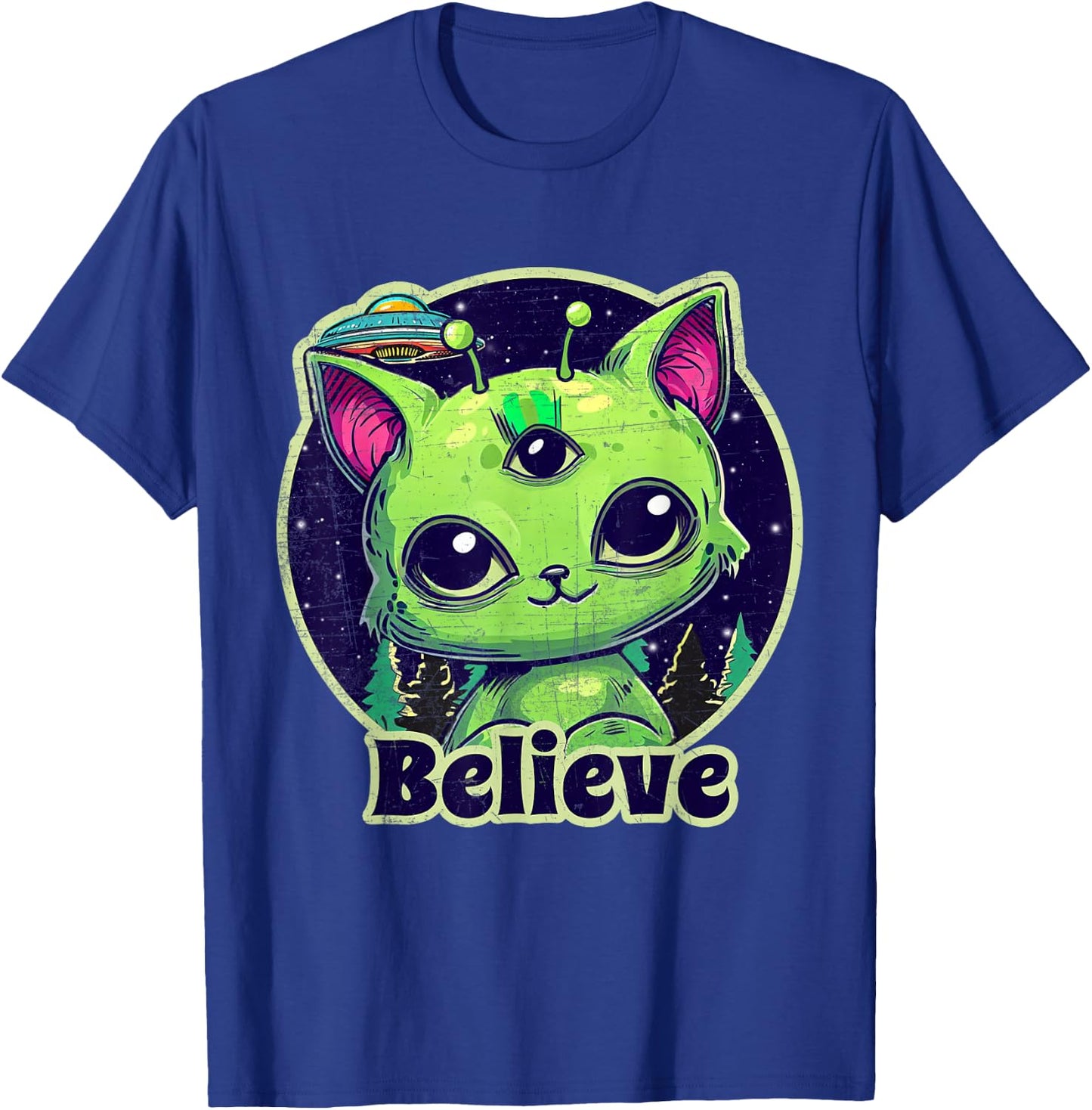 Cute Alien Cat Belive in UFO Kawaii T-Shirt - T-Shirt | Royal